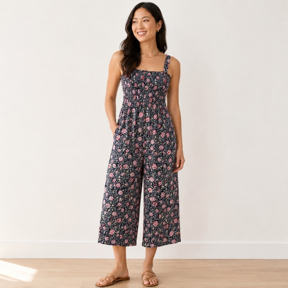 LOFT Floral Jumpsuit Women XSP Navy Pink Smocked Wide Leg Petite Sleeveless Boho